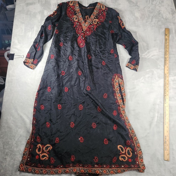 Dresses & Skirts - Boho Embroidered Black Gold Orange Beaded Maxi Kaftan Abaya Dress L Bohemian